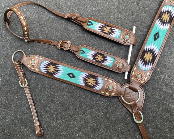 Showman Browband Headstall &amp; Breast collar set with wool southwest blanket inlay and white buckstitch accents #2